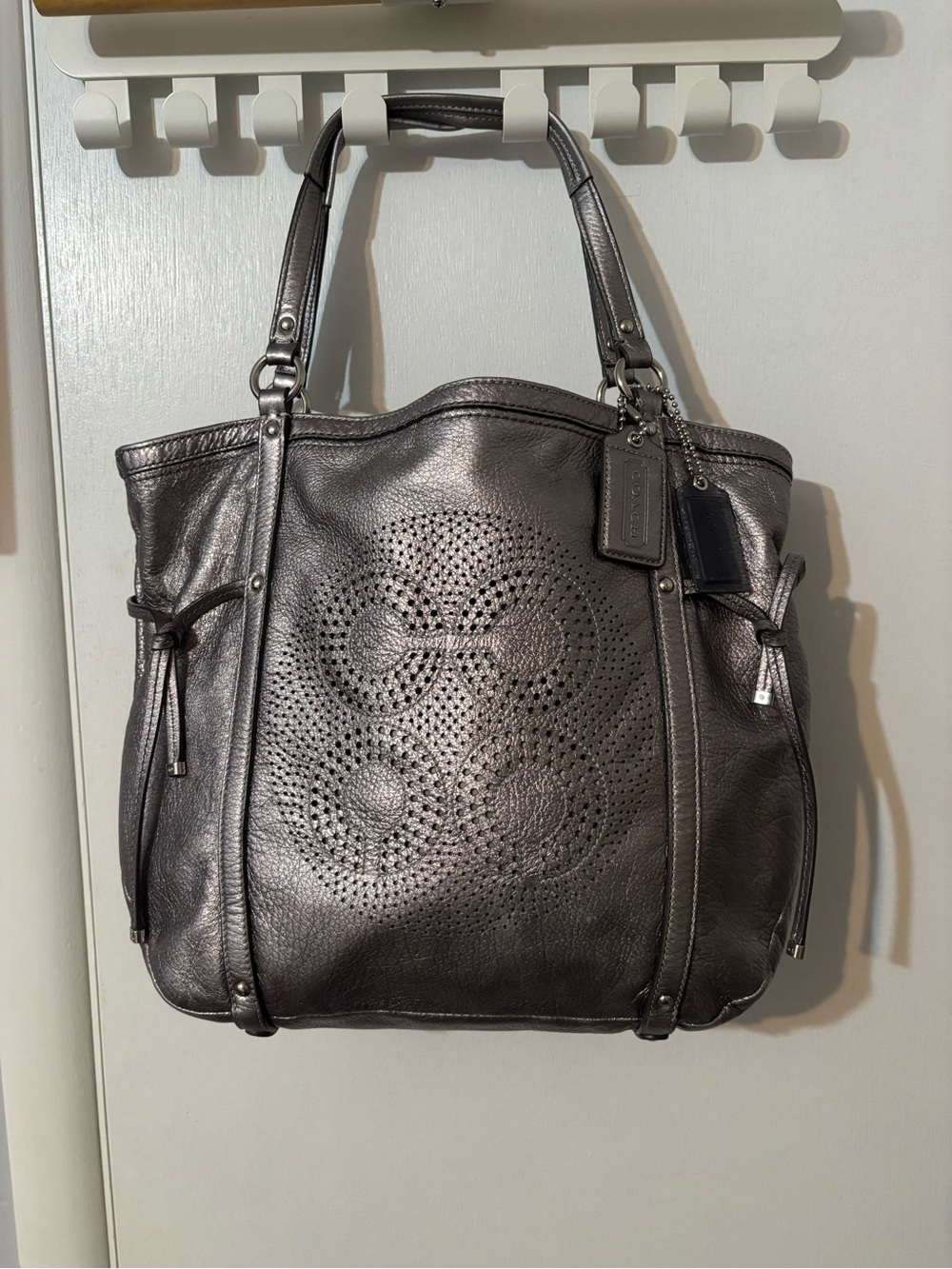 Coach Audrey Cinched Metallic Silver Leather Tote perforated logo Style 19567